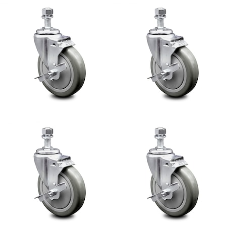 Service Caster 5 Inch Gray Polyurethane Swivel 1/2 Inch Threaded Stem Caster Set with Brake SCC SCC-TS20S514-PPUB-TLB-121315-4